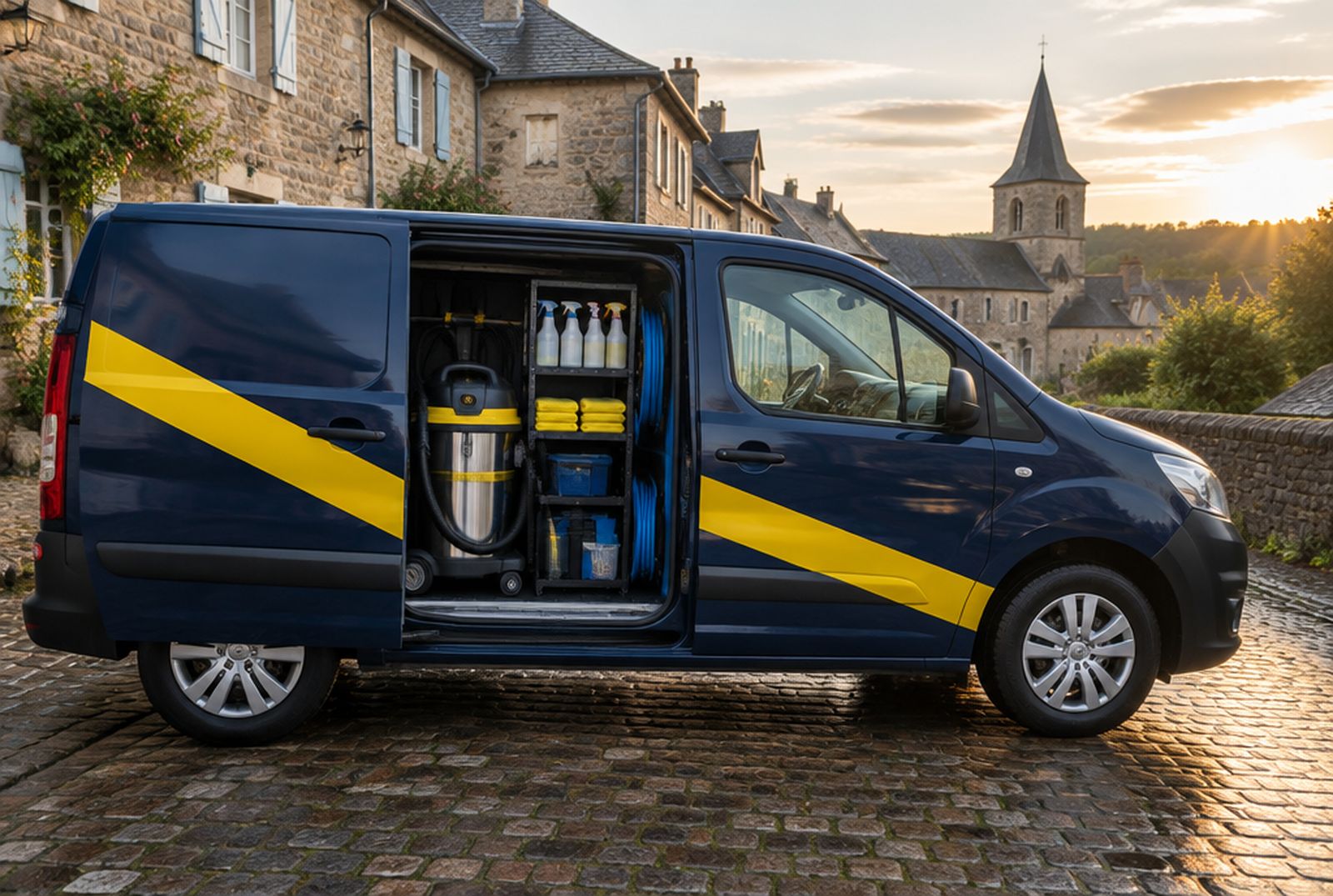 Camionnette bleu marine à bande jaune, porte latérale ouverte sur le matériel de nettoyage, dans une rue de village creusois