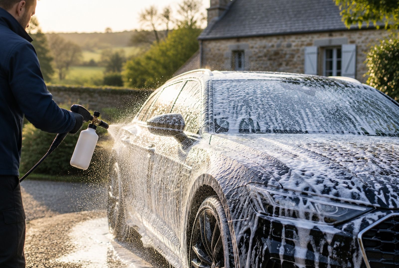 Voiture couverte de mousse rincée dans une allée de campagne