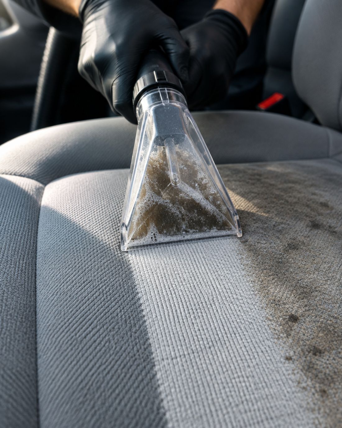 Buse d’injection-extraction passée sur un siège en tissu gris, une bande propre à côté d’une zone tachée