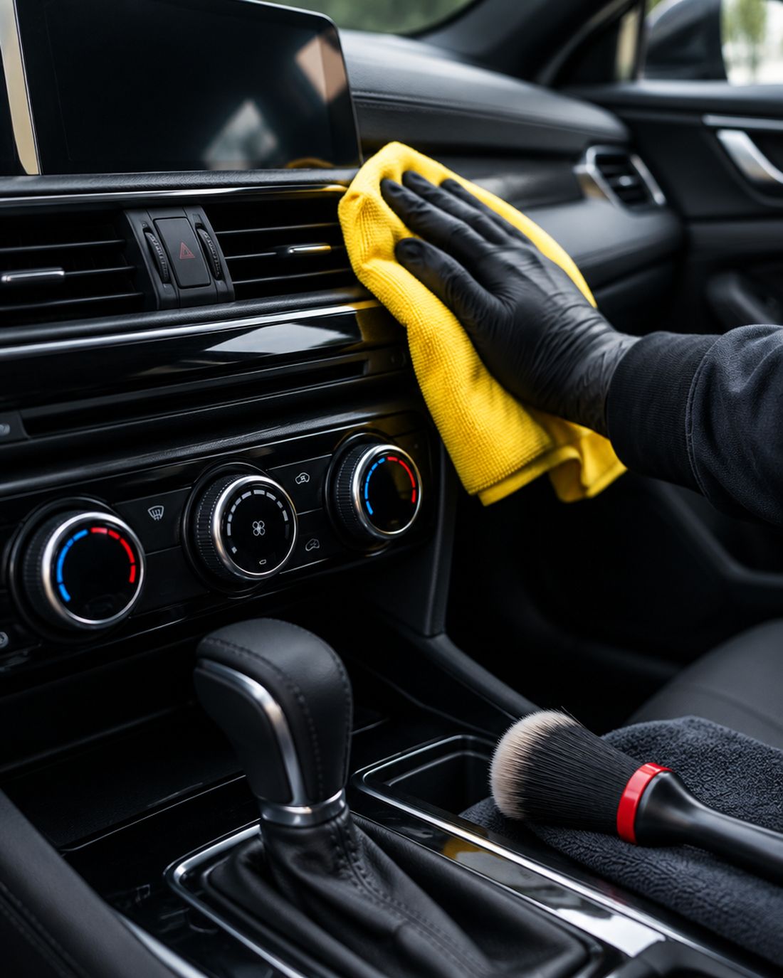 Main gantée essuyant le tableau de bord avec une microfibre jaune